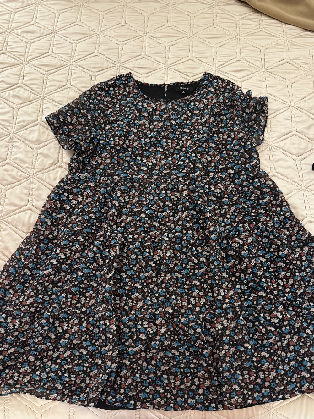 Madewell Black Mini Floral Short-Sleeve Dress with Blue and Pink Blossoms